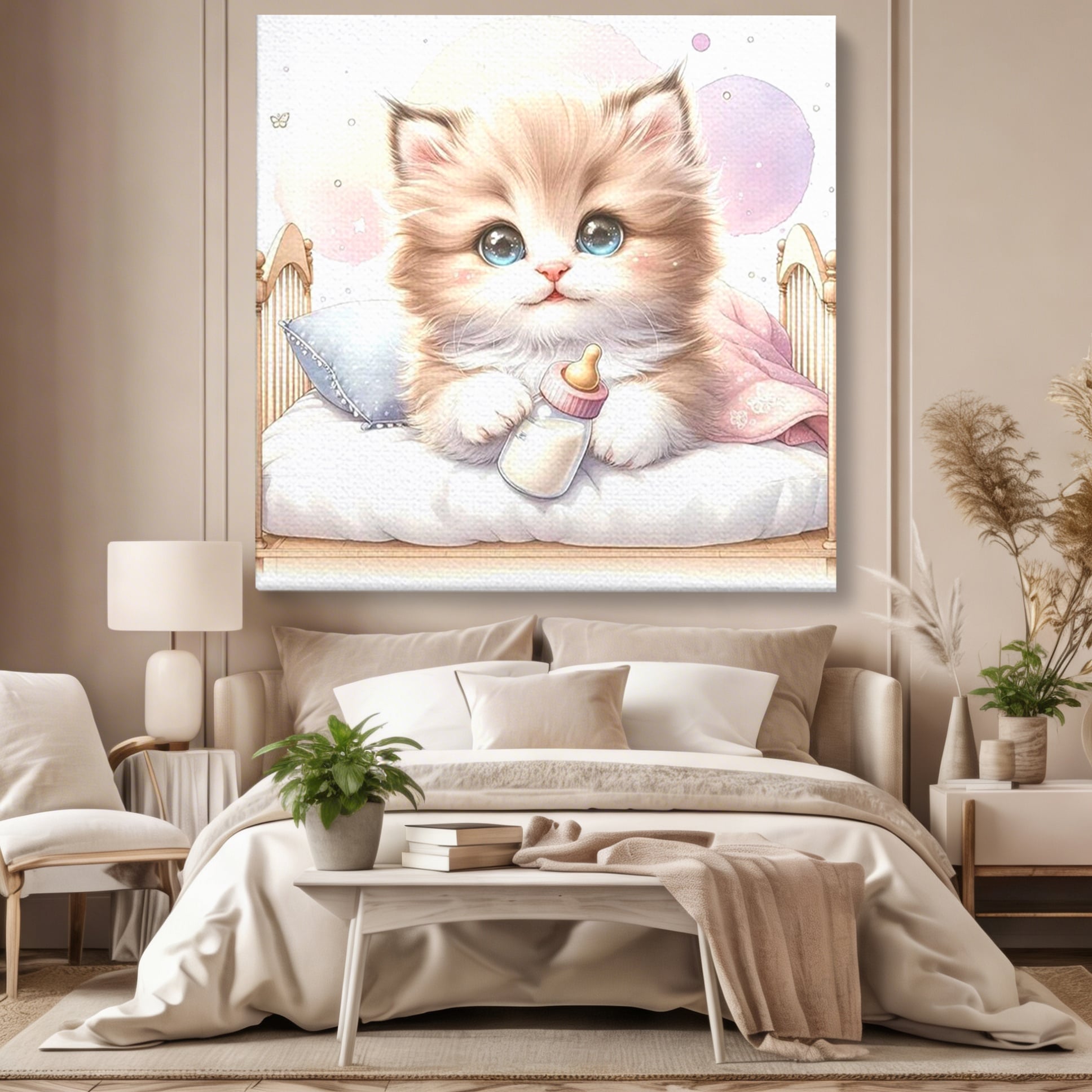 Tablou canvas cu ilustratie cu pisicuta pufoasa in patut, fara rama, pe sasiu de lemn, pe perete intr-un dormitor